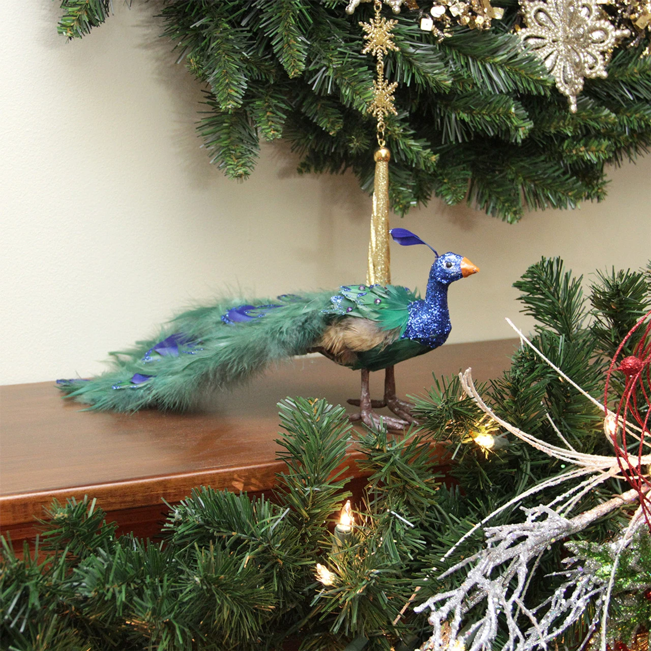 13" Green And Blue Peacock Tail Feathers Christmas Decor - Image 2