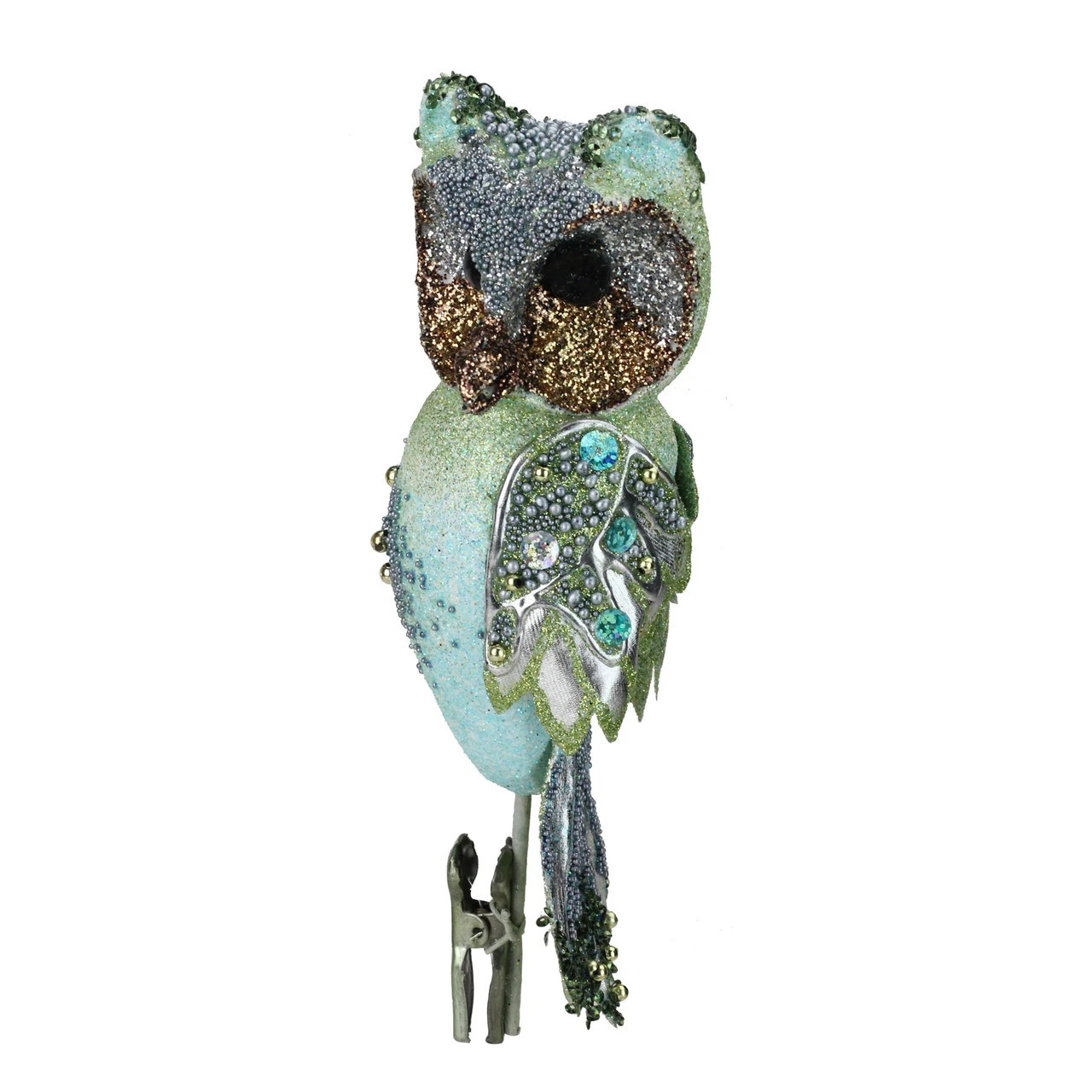 10" Green Glittered And Sequined Owl Clip On Christmas Ornament