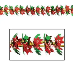 Pack Of 12 Metallic Christmas Poinsettia And Holly Garland 9'