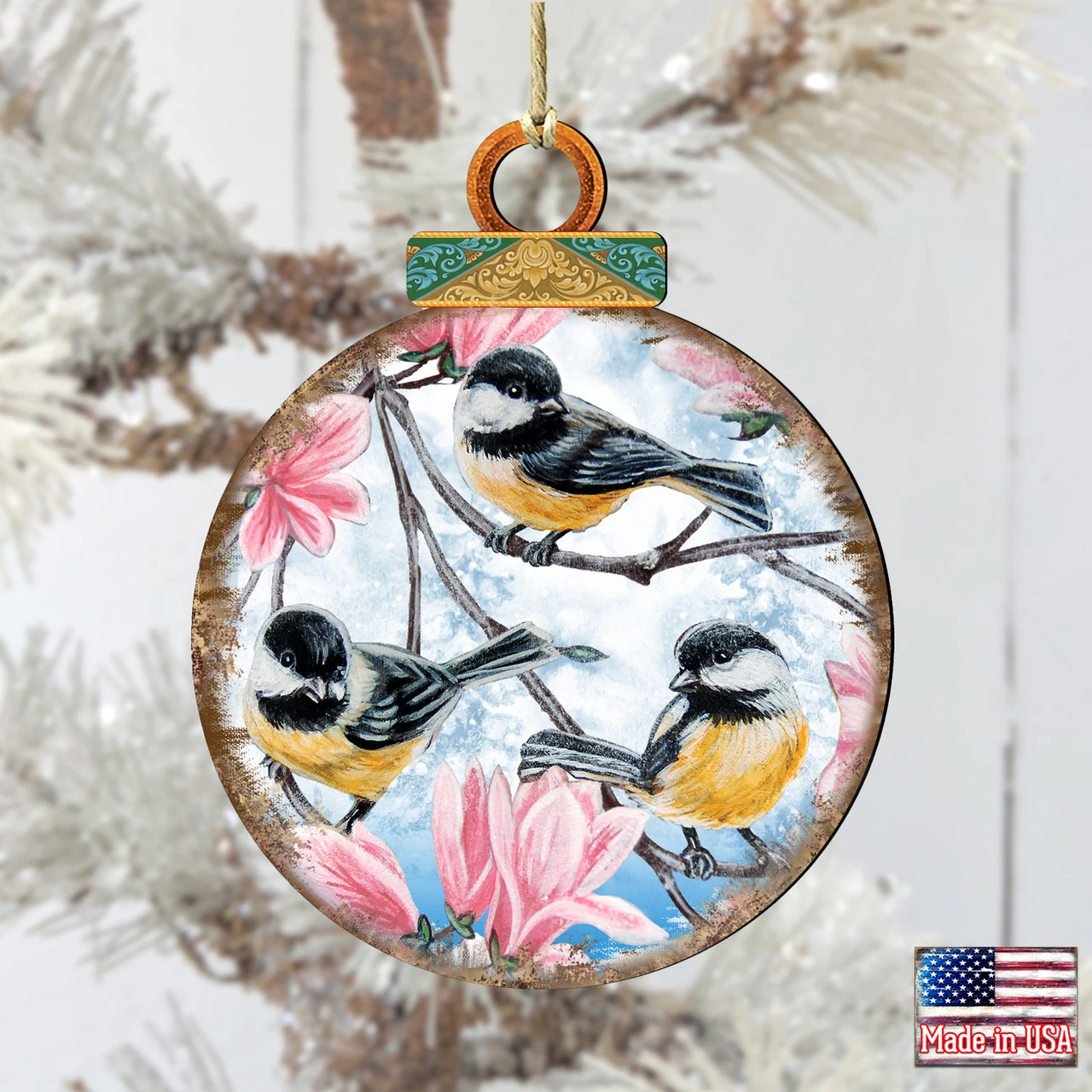 Set Of 2 Perching Birds Wooden Christmas Ornaments 5.5" - Image 2