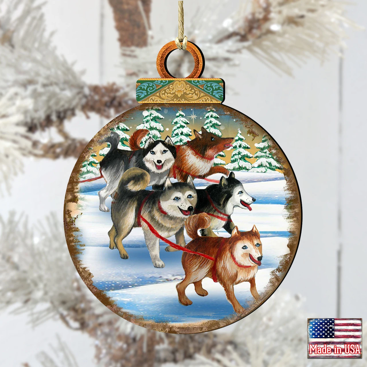 Set Of 2 Adorable Huskies Wooden Christmas Ornaments 5.5" - Image 2