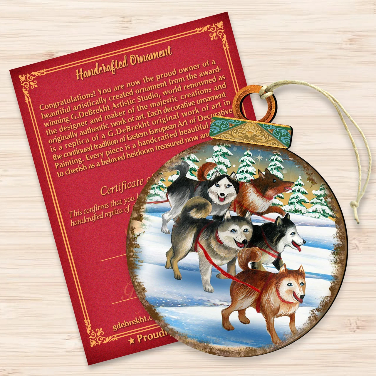 Set Of 2 Adorable Huskies Wooden Christmas Ornaments 5.5" - Image 3
