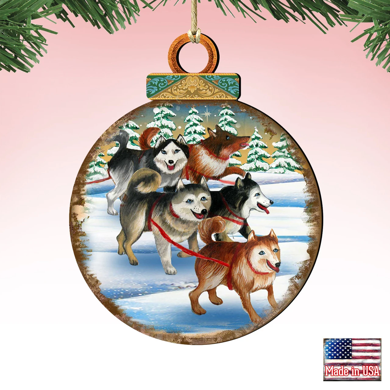 Set Of 2 Adorable Huskies Wooden Christmas Ornaments 5.5" - Image 4