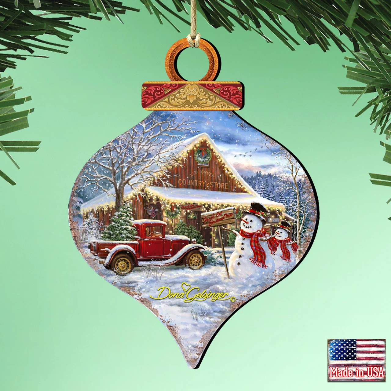 Set Of 2 Christmas Country Store Wooden Ornaments 5.5" - Image 2