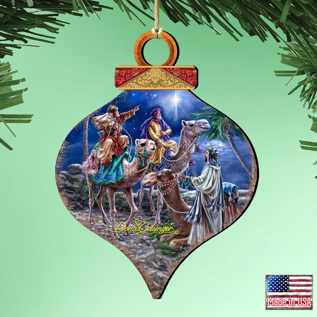 Set Of 2 Wise Men Riding A Camel Onion Shaped Wooden Christmas Ornaments 5.5" - Image 2