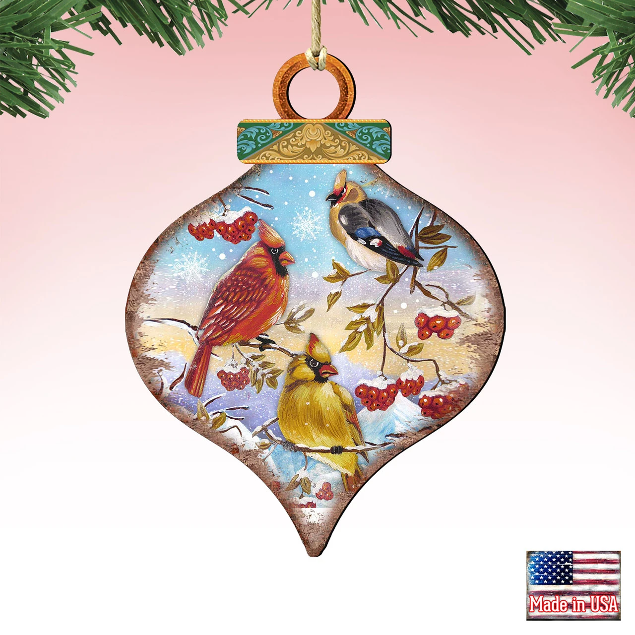 Set Of 2 Birds Rest Onion Shaped Wooden Christmas Ornaments 5.5" - Image 4