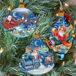 Set Of 3 Ride All The Way With Santa Claus Wooden Christmas Ornaments 5.5"