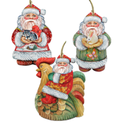 Set Of 3 Santa Claus Pets Wooden Christmas Ornaments 5.5"