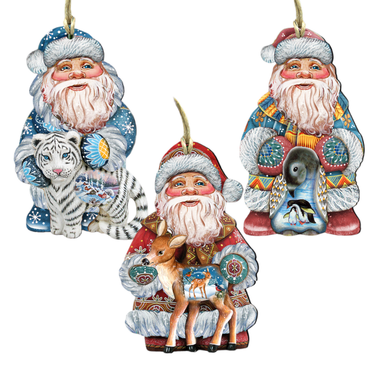 Set Of 3 Santa Wild Adventure Wooden Christmas Ornaments 5.5"