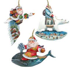 Set Of 3 Santa Claus Animals Travel Ride Wooden Christmas Ornaments 5.5"