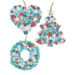 Set Of 3 Coastal Heart Christmas Tree And Wreath Wooden Ornaments 5.5"