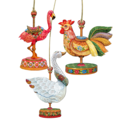 Set Of 3 Floral Carousel Animals Wooden Christmas Ornaments 5.5"
