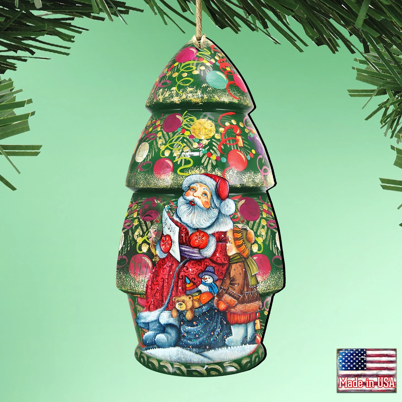 Set Of 2 Santa Claus In A Christmas Tree Wooden Ornaments 5.5" - Image 2