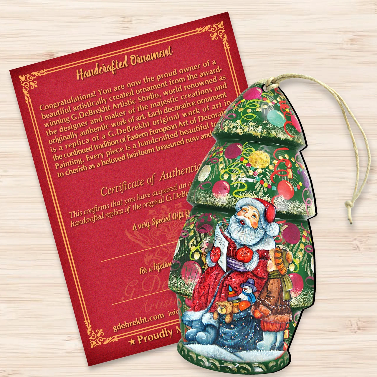 Set Of 2 Santa Claus In A Christmas Tree Wooden Ornaments 5.5" - Image 3