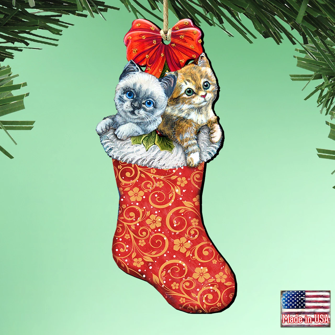 Set Of 2 Kitty Cats Christmas Stocking Wood Ornaments 5.5" - Image 2