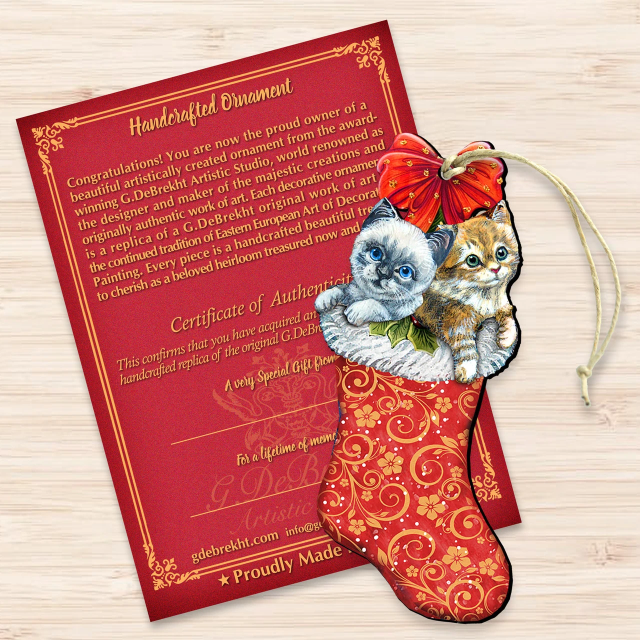 Set Of 2 Kitty Cats Christmas Stocking Wood Ornaments 5.5" - Image 3