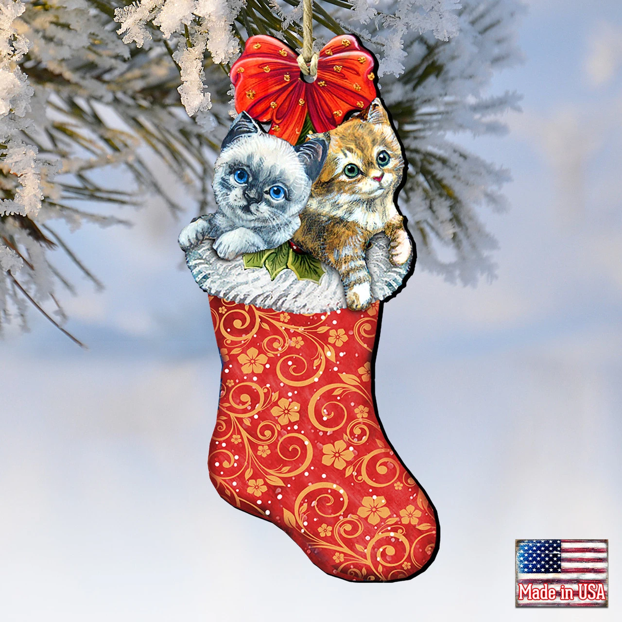 Set Of 2 Kitty Cats Christmas Stocking Wood Ornaments 5.5" - Image 4