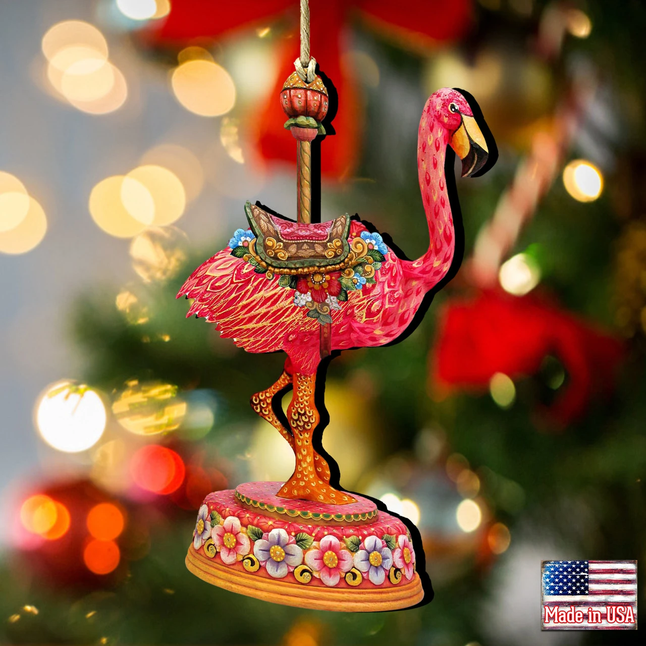 Set Of 2 Carousel Flamingo WoodenChristmas Ornaments 5.5" - Image 2