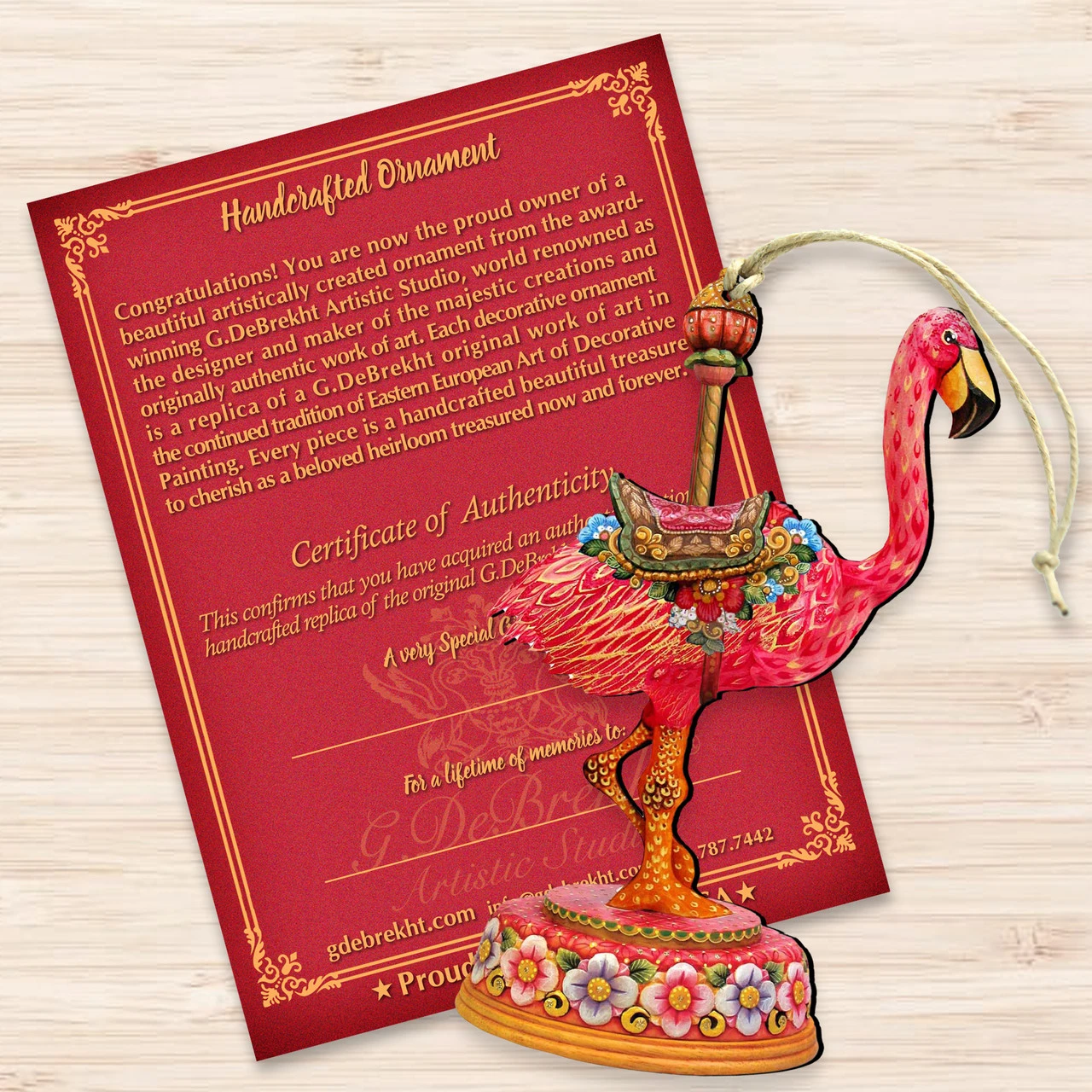 Set Of 2 Carousel Flamingo WoodenChristmas Ornaments 5.5" - Image 3