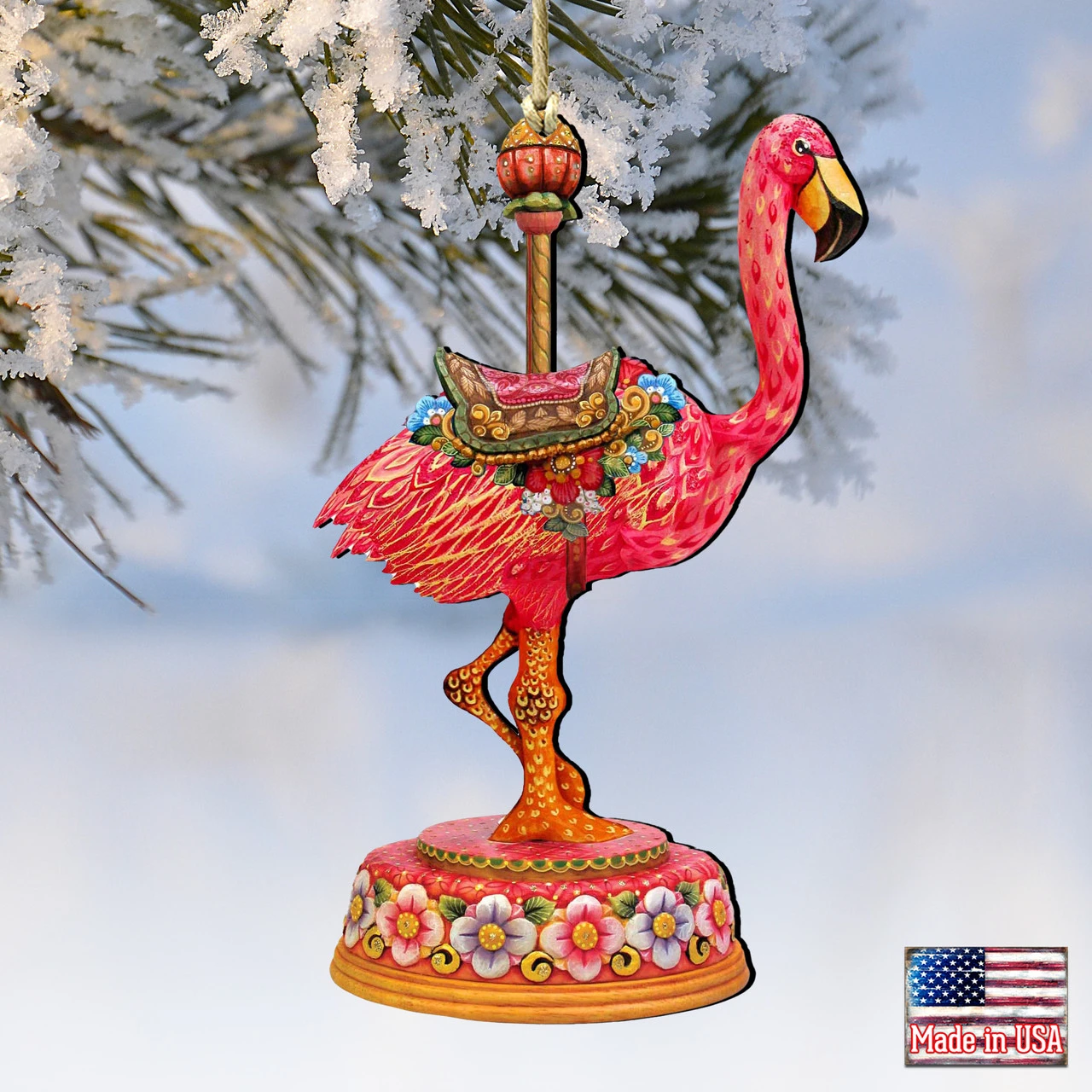 Set Of 2 Carousel Flamingo WoodenChristmas Ornaments 5.5" - Image 4