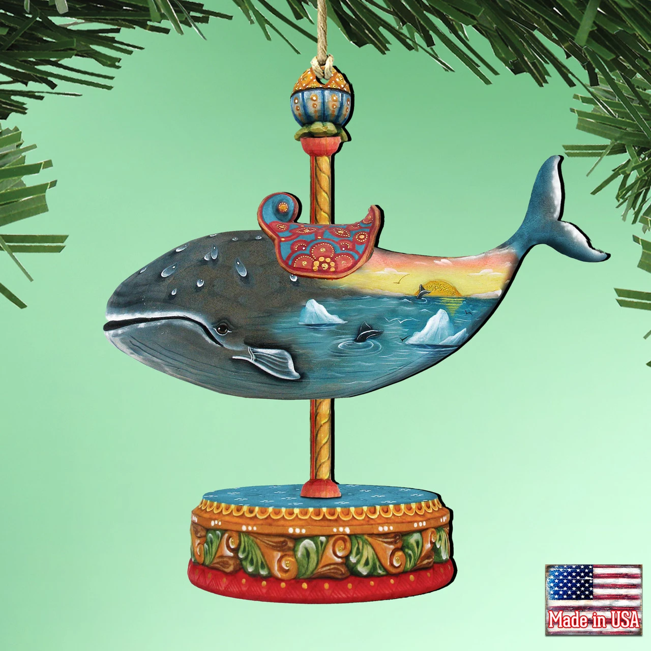 Set Of 2 Whale Carousel Wooden Christmas Ornaments 5.5" - Image 2