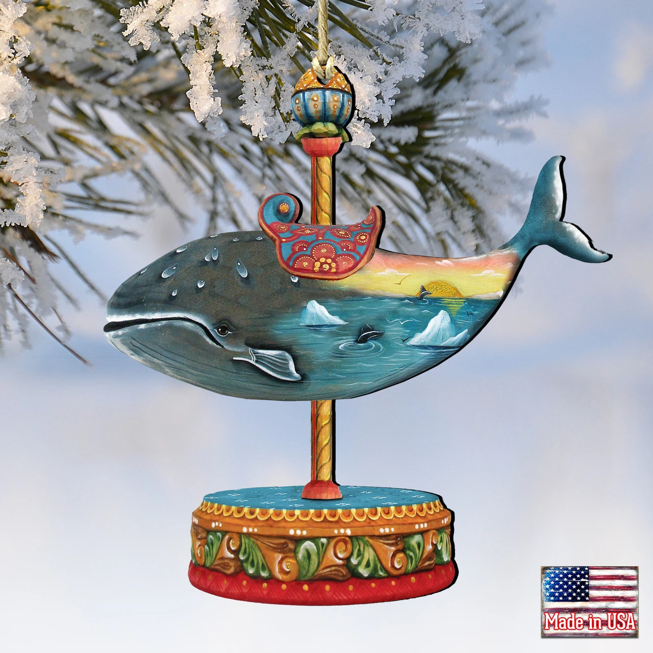 Set Of 2 Whale Carousel Wooden Christmas Ornaments 5.5" - Image 4
