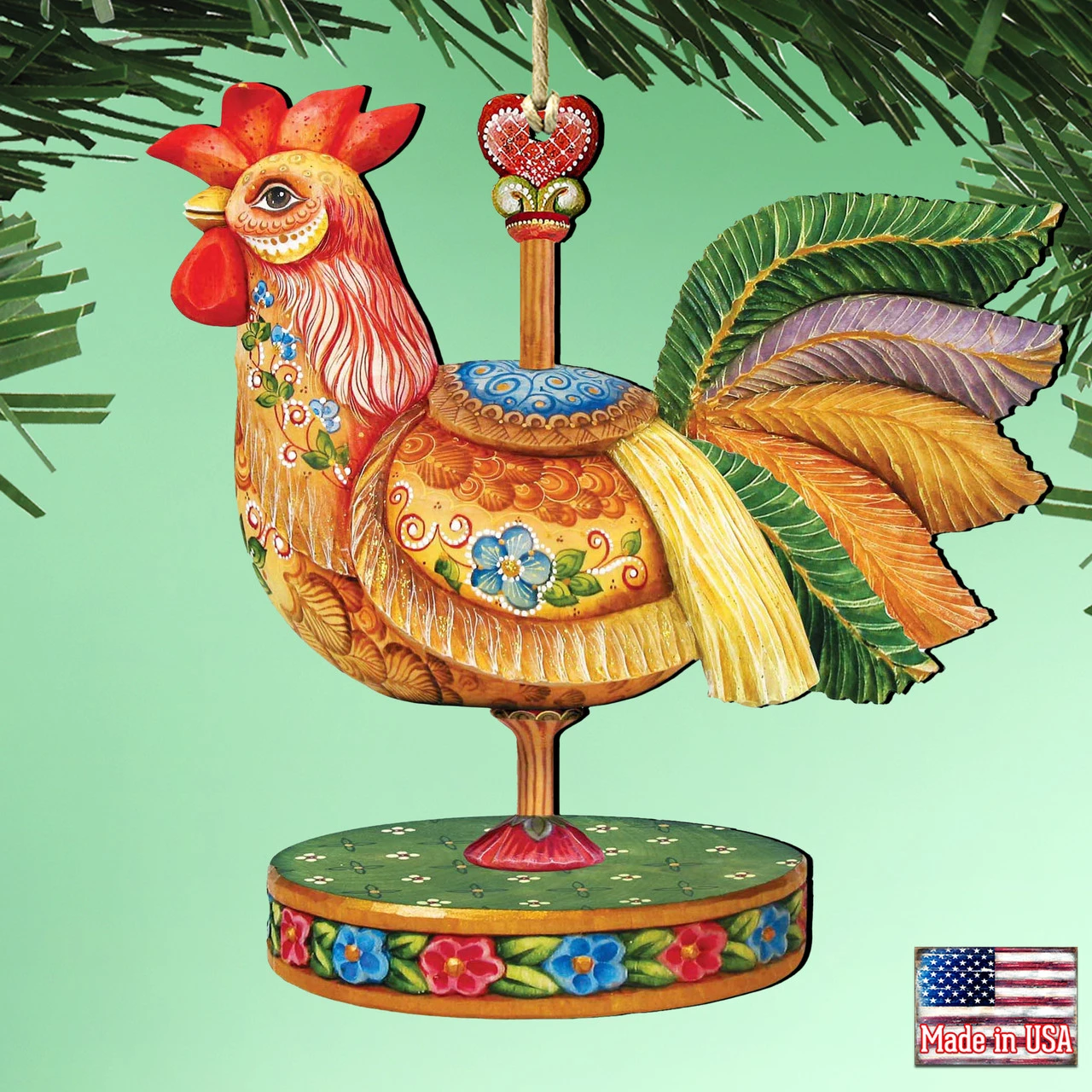 Set Of 2 Rooster Carousel Wooden Christmas Ornaments 5.5" - Image 2