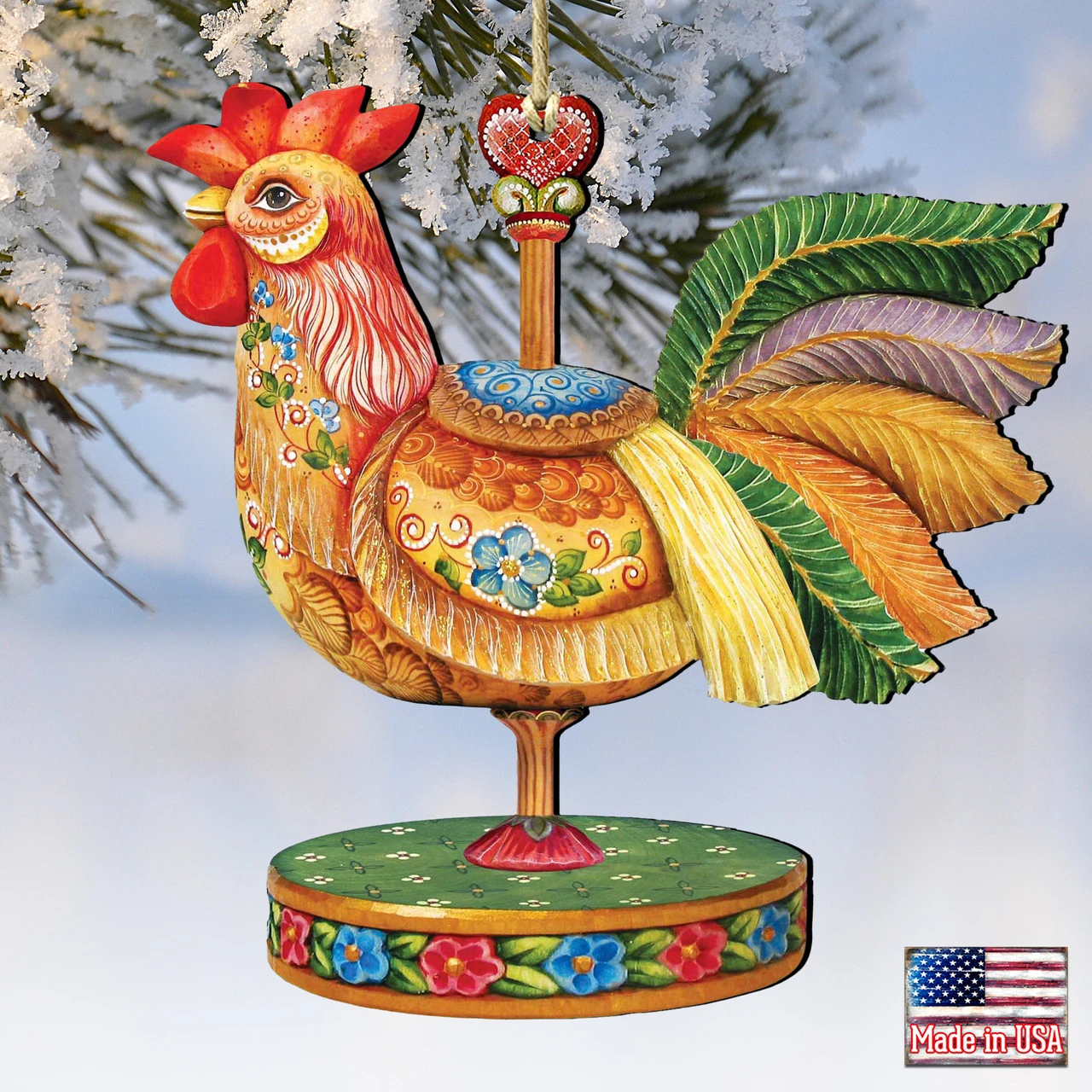 Set Of 2 Rooster Carousel Wooden Christmas Ornaments 5.5" - Image 4