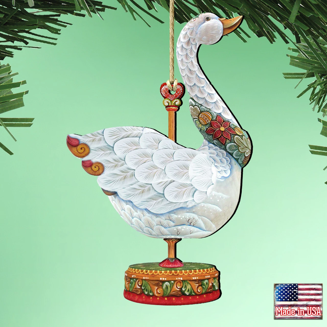 Set Of 2 Goose Carousel Wooden Christmas Ornaments 5.5" - Image 2