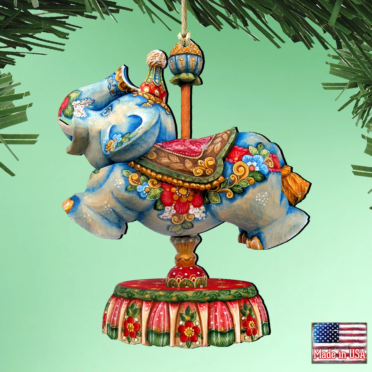 Set Of 2 Floral Elephant Carousel Wooden Christmas Ornaments 5.5" - Image 2