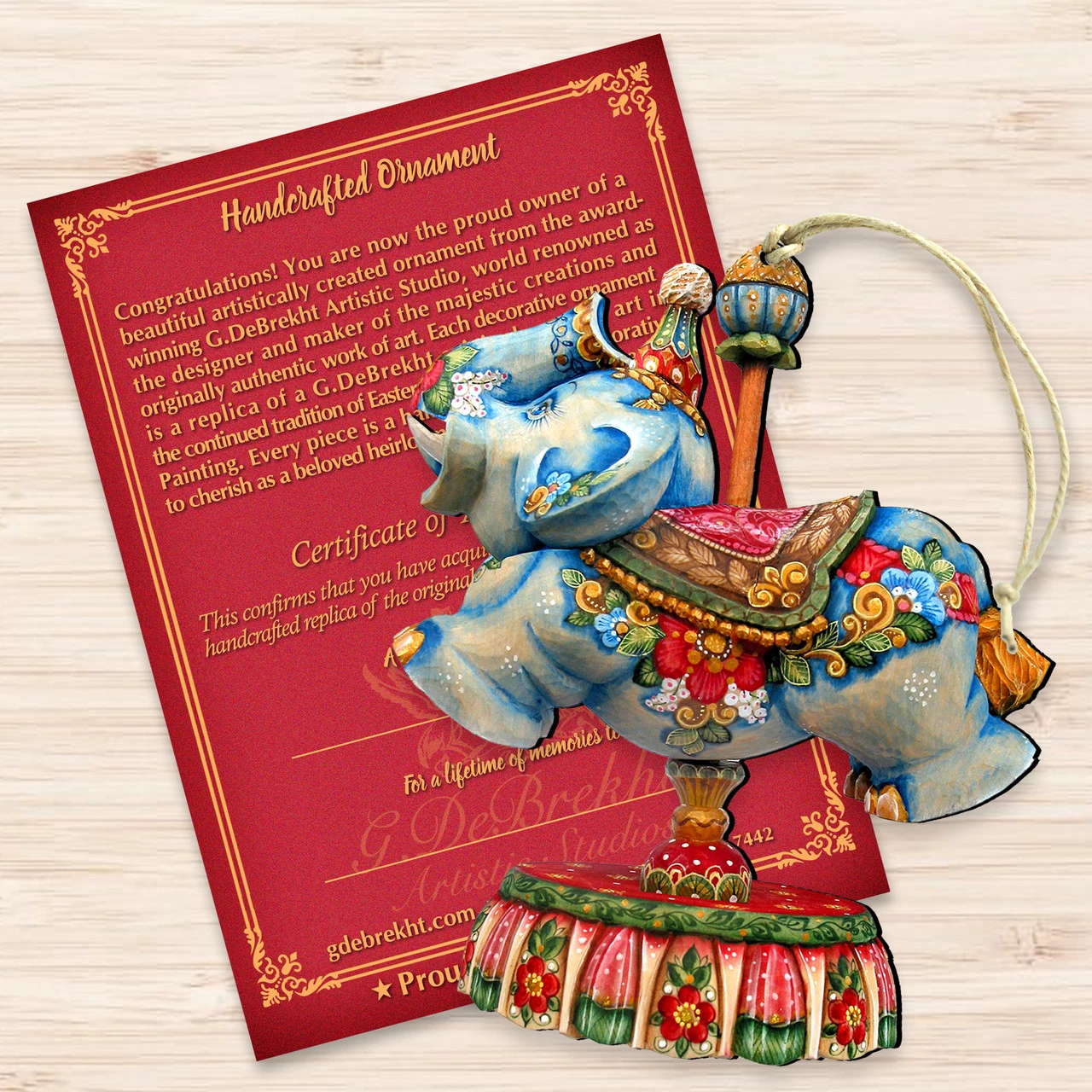 Set Of 2 Floral Elephant Carousel Wooden Christmas Ornaments 5.5" - Image 3