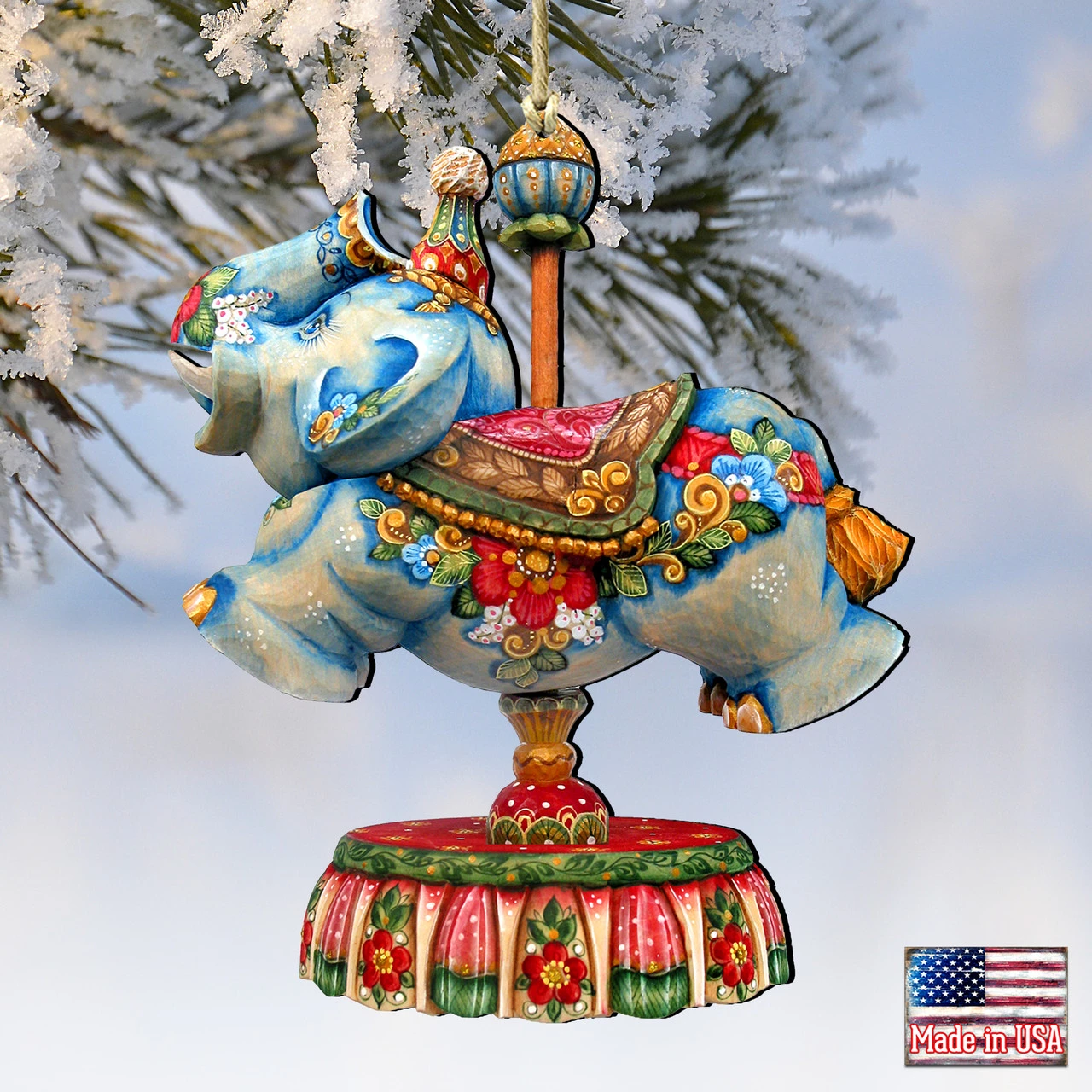 Set Of 2 Floral Elephant Carousel Wooden Christmas Ornaments 5.5" - Image 4