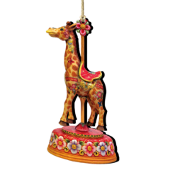 Set Of 2 Floral Giraffe Carousel Wooden Christmas Ornaments 5.5"