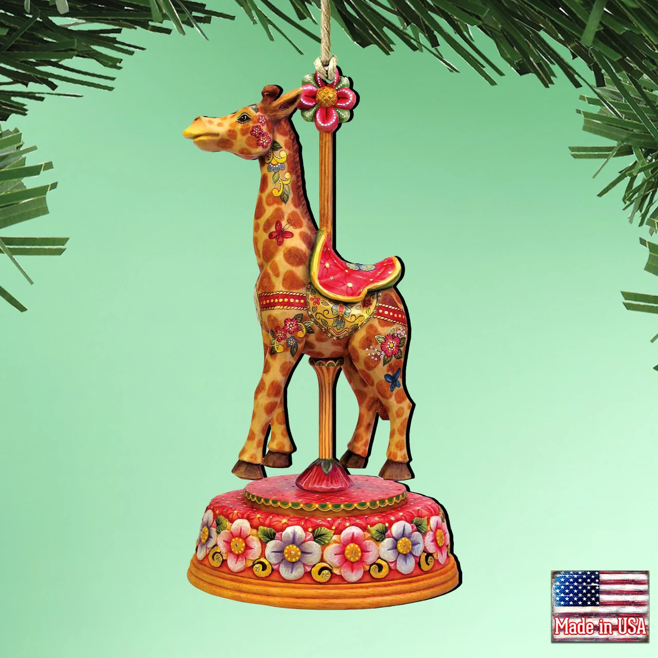 Set Of 2 Floral Giraffe Carousel Wooden Christmas Ornaments 5.5" - Image 2