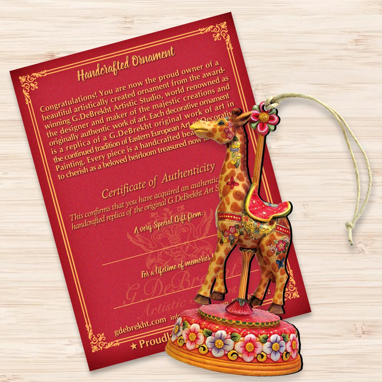 Set Of 2 Floral Giraffe Carousel Wooden Christmas Ornaments 5.5" - Image 3