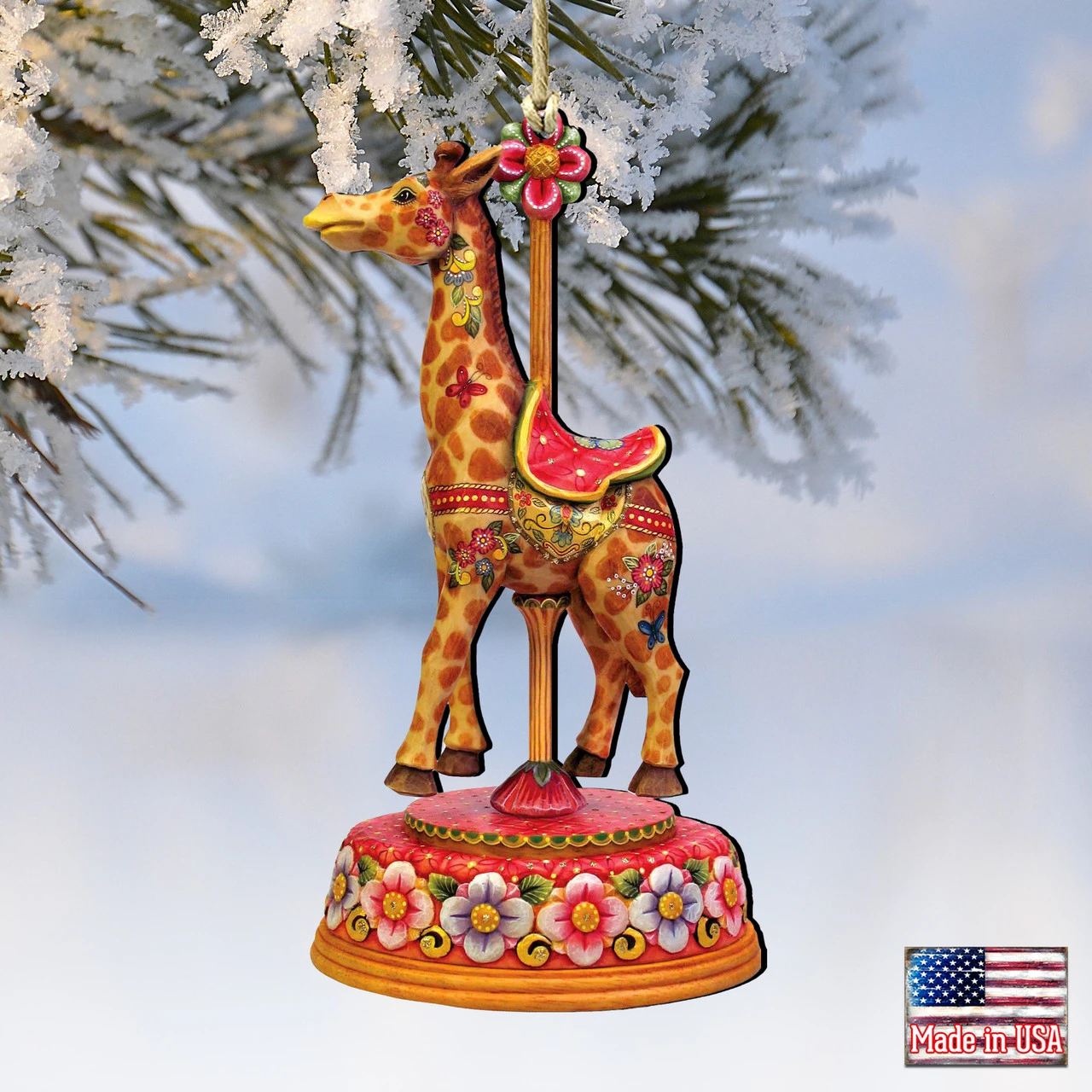 Set Of 2 Floral Giraffe Carousel Wooden Christmas Ornaments 5.5" - Image 4