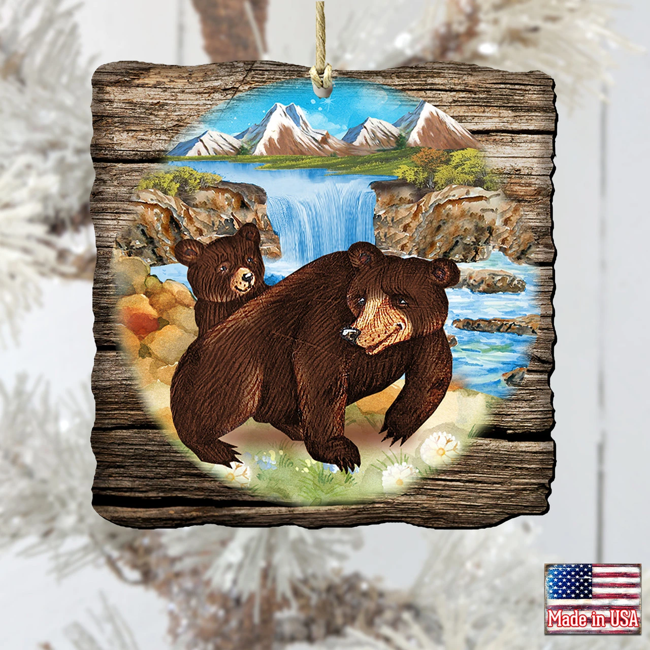Set Of 2 Adorable Bears In A Cabin Wooden Christmas Ornaments 5.5" - Image 2
