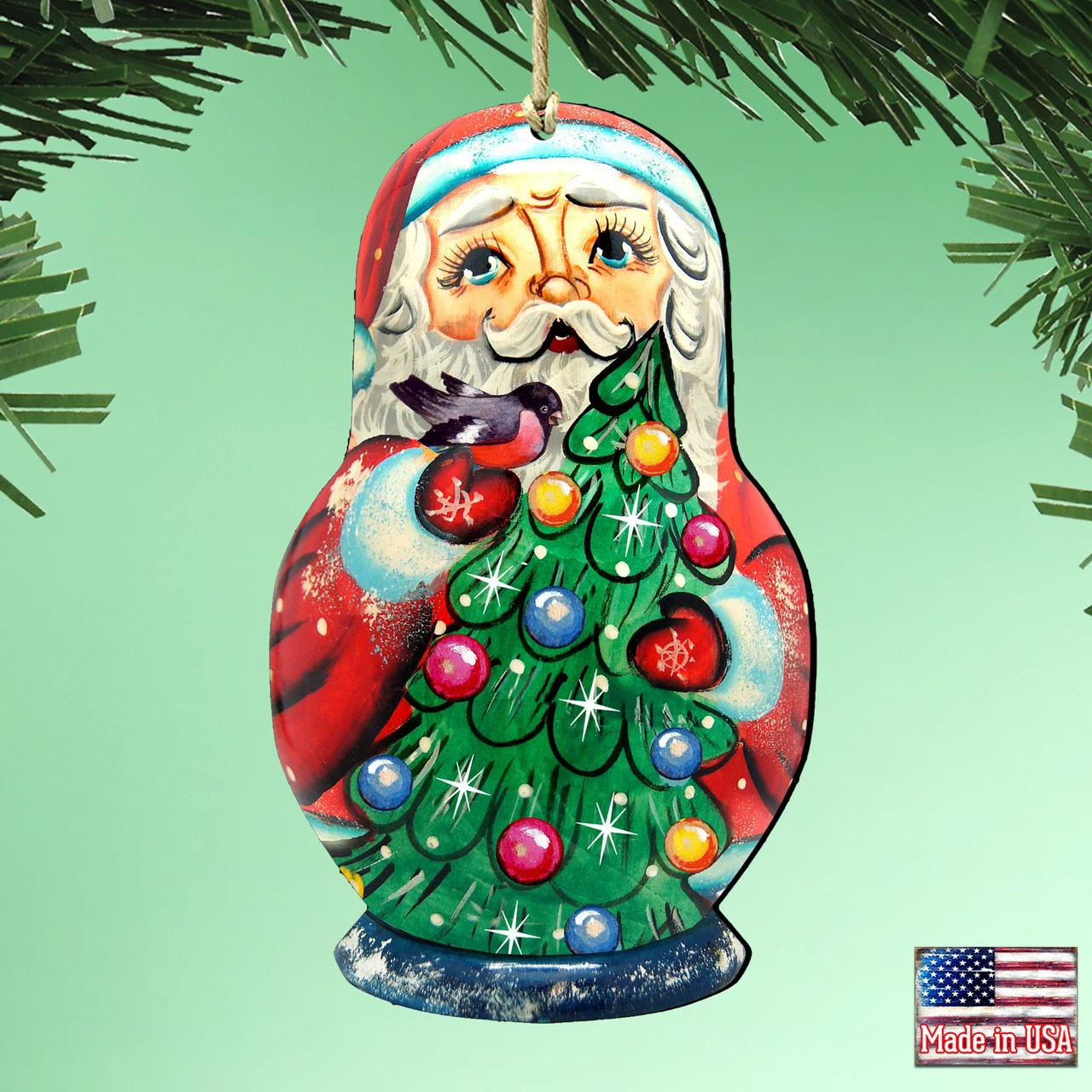 Set Of 2 Santa Matreshka Doll Christmas Tree Wooden Ornaments - Image 2