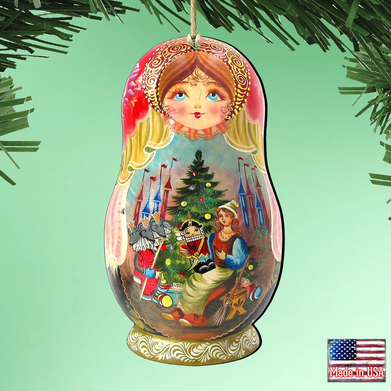 Set Of 2 Matreshka Doll Nutcracker Tale Wooden Christmas Ornaments 5.5" - Image 2
