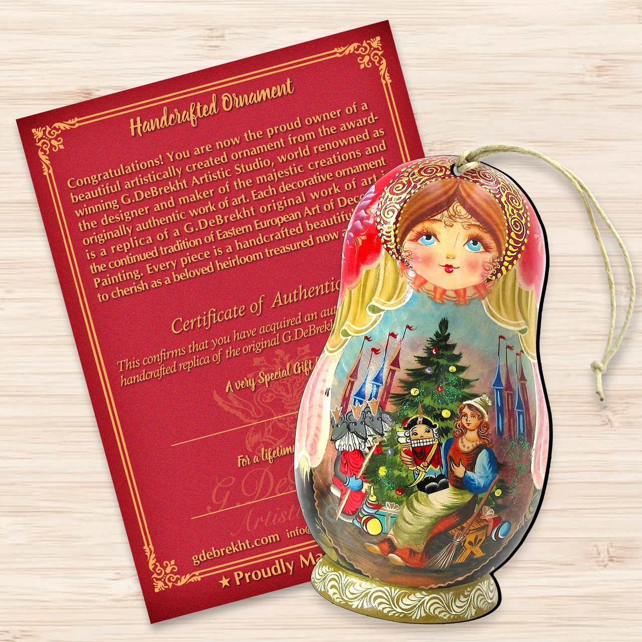 Set Of 2 Matreshka Doll Nutcracker Tale Wooden Christmas Ornaments 5.5" - Image 3