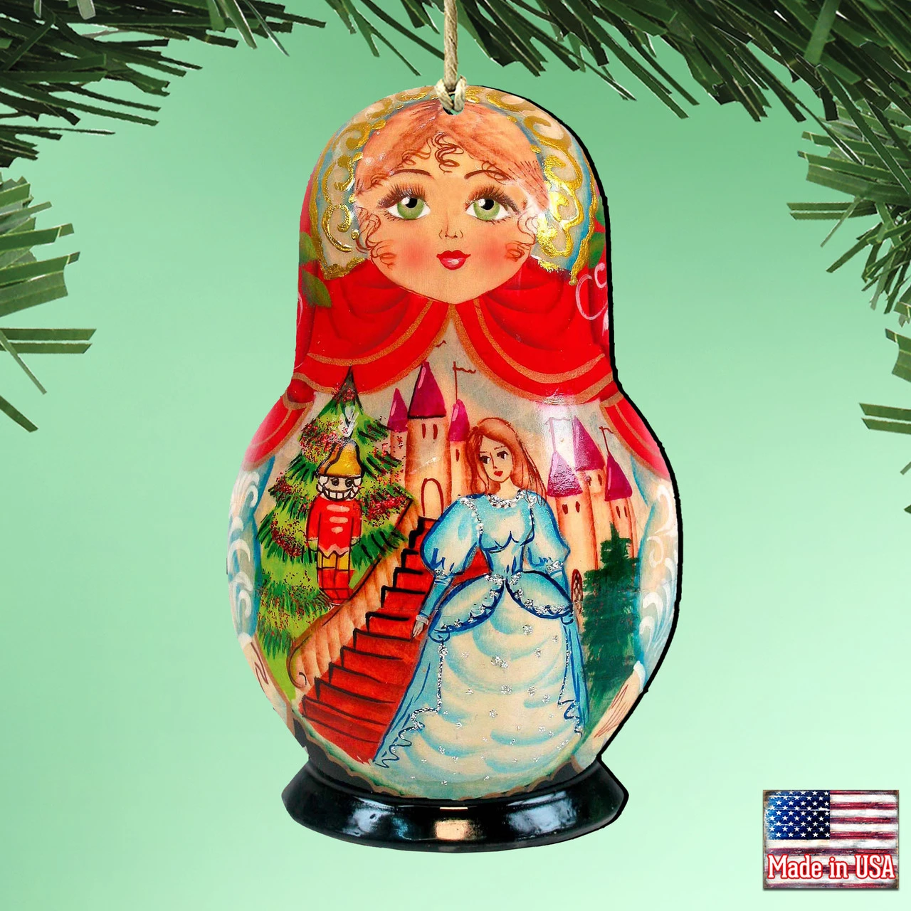 Set Of 2 Matreshka Doll And A Nutcracker Wooden Christmas Ornaments 5.5" - Image 2