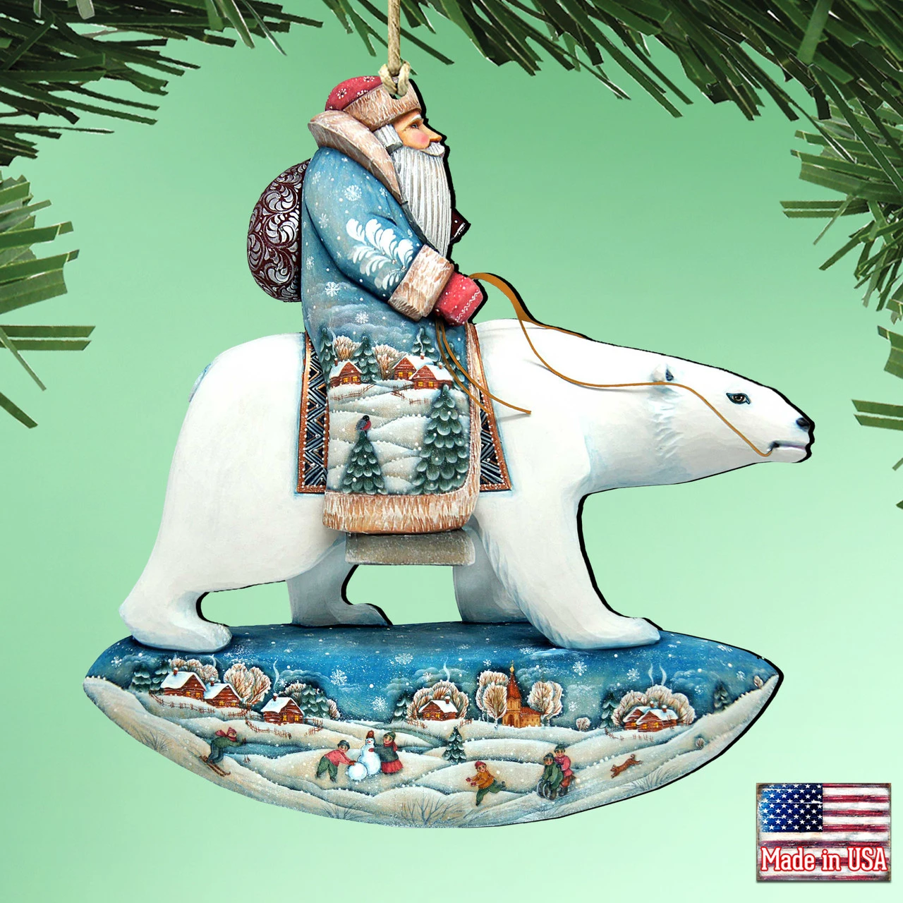 Set Of 2 Santa Riding Polar Bear Wooden Christmas Ornaments 5.5" - Image 2