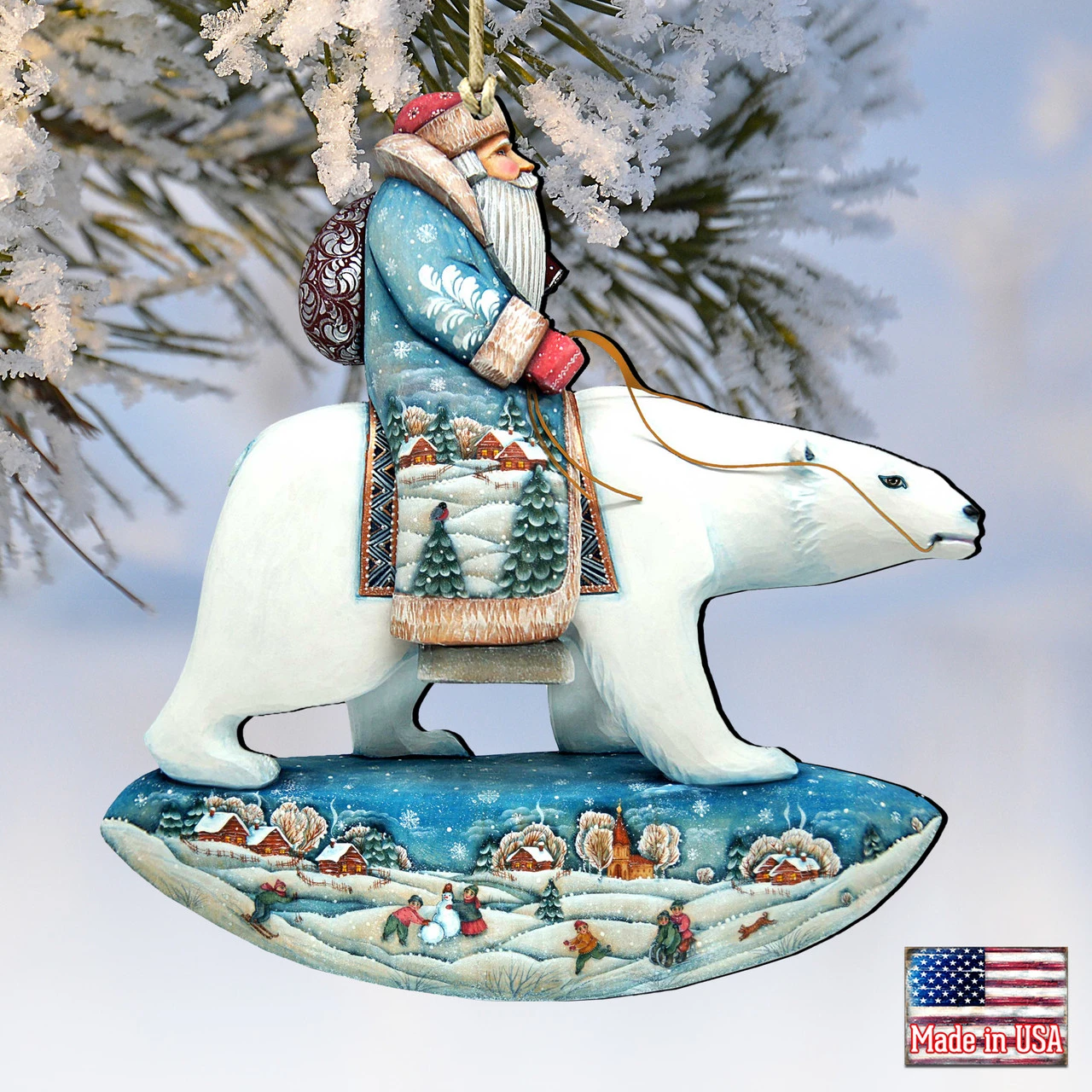 Set Of 2 Santa Riding Polar Bear Wooden Christmas Ornaments 5.5" - Image 4