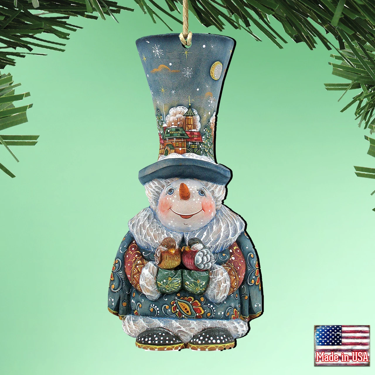 Set Of 2 Snowman Old World Christmas Wooden Ornaments 5.5" - Image 3