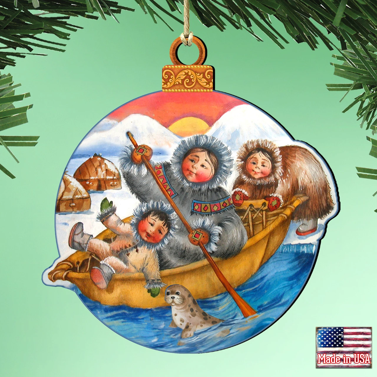 Set Of 2 Ride The Waves To North Pole Santa Wooden Christmas Ornaments 5.5" - Image 2