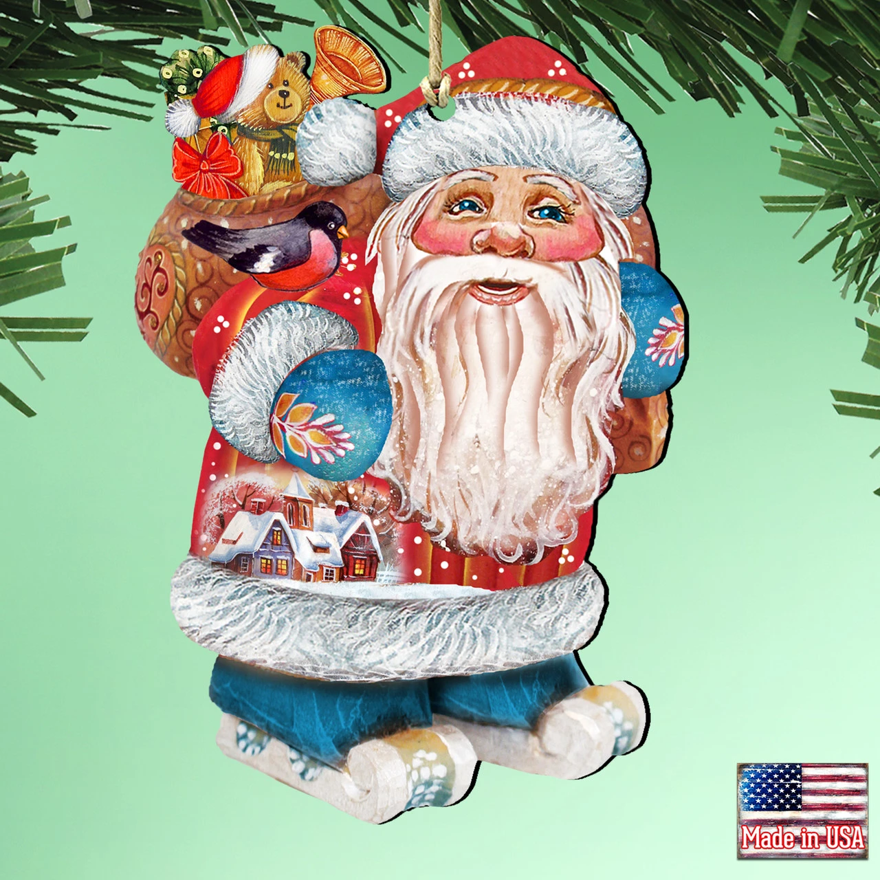 Set Of 2 Santa Claus Is Coming To Town Wooden Christmas Ornaments 5.5" - Image 2
