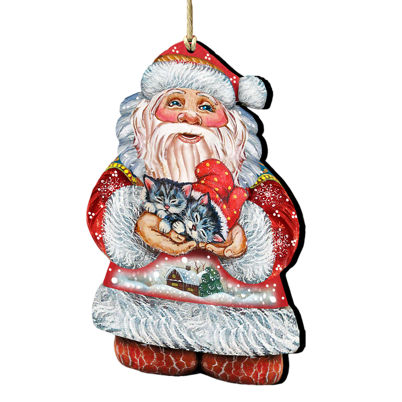 Set Of 2 Santa Claus With Sweet Cats Wooden Christmas Ornaments 5.5"
