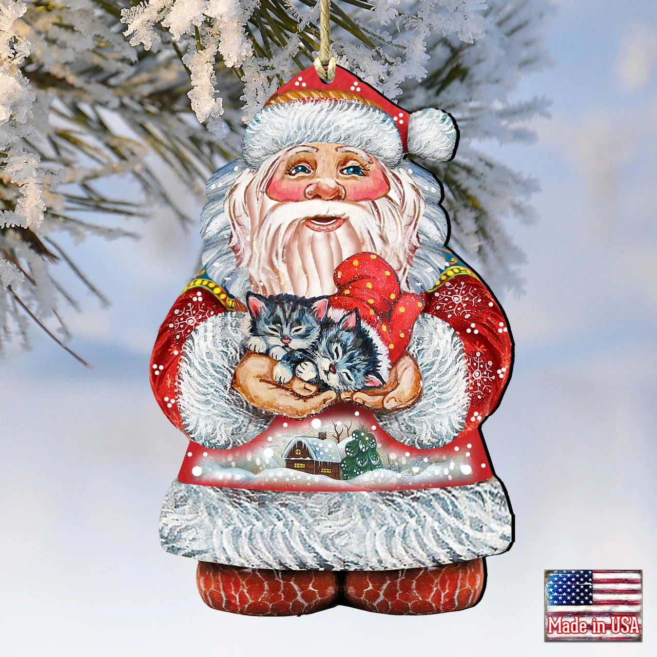 Set Of 2 Santa Claus With Sweet Cats Wooden Christmas Ornaments 5.5" - Image 4
