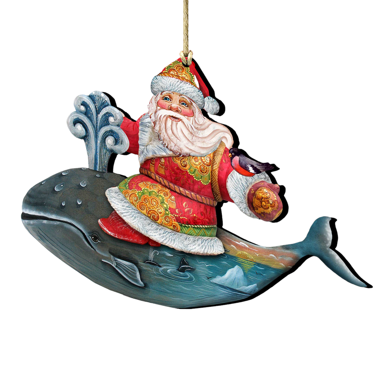 Set Of 2 Santa Ride Whale Coastal Wooden Christmas Ornaments 5.5"