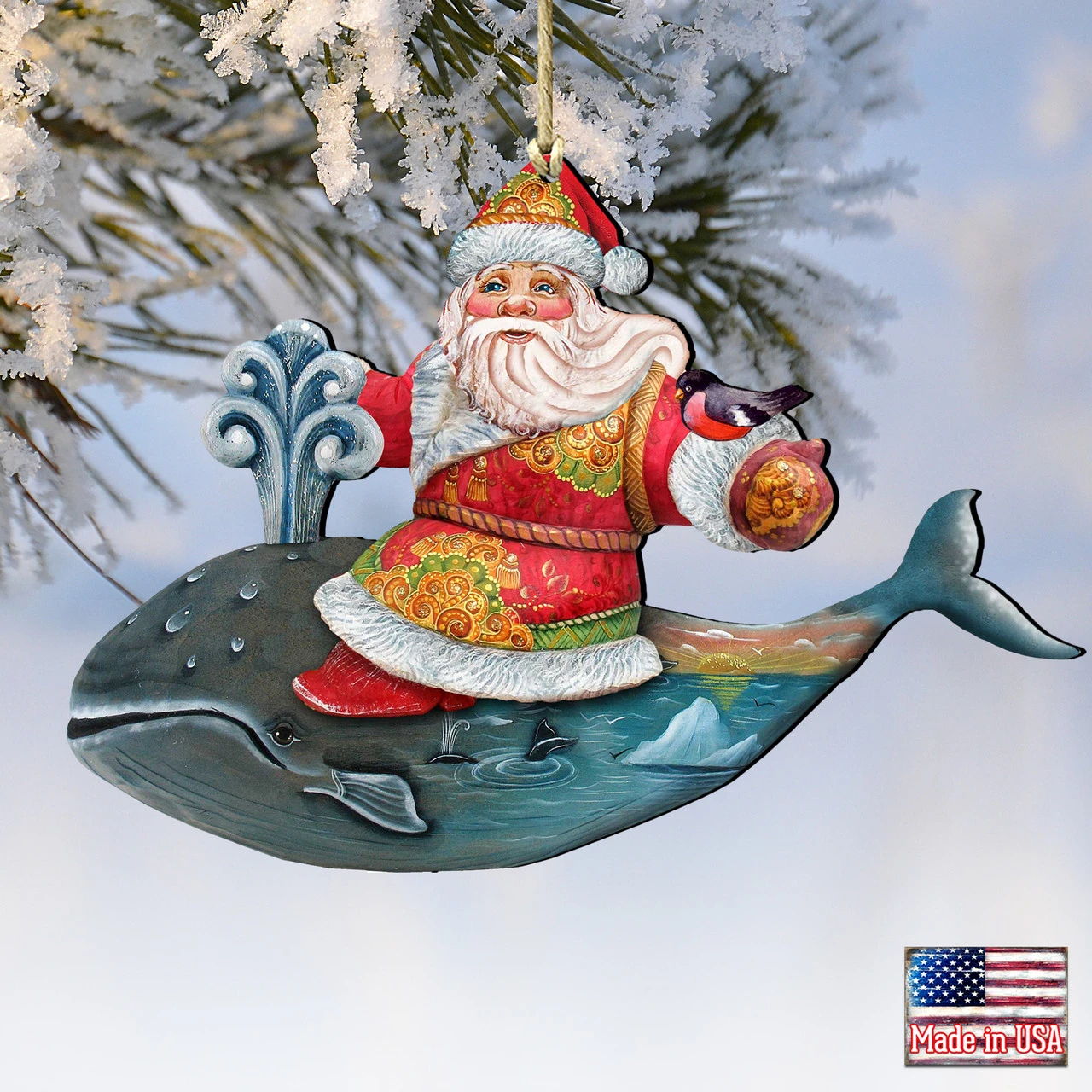 Set Of 2 Santa Ride Whale Coastal Wooden Christmas Ornaments 5.5" - Image 4